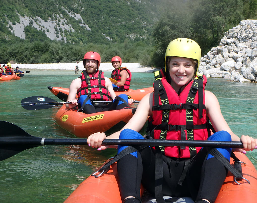 Whitewater kayaking is one of the activity of rafting kayaking canyoning program package in Bovec